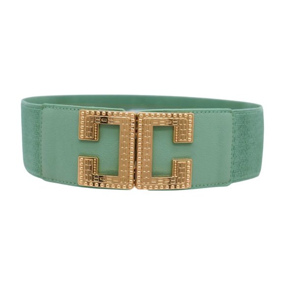 Women Jade Teal Elastic Wide Fashion Belt Hip Waist Gold Metal C Buckle Fit S M - Picture 13 of 17